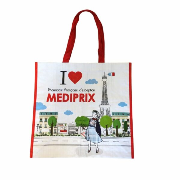 sac médiprix avec illustration représentant une femme à Paris