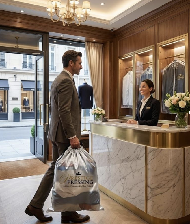 Homme d'affaires sortant d'un pressing de luxe avec un sac navette Publicibags