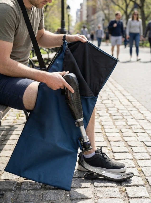 Patient amputé sortant sa prothèse de jambe d'un sac de transport sécurisé Publicibags