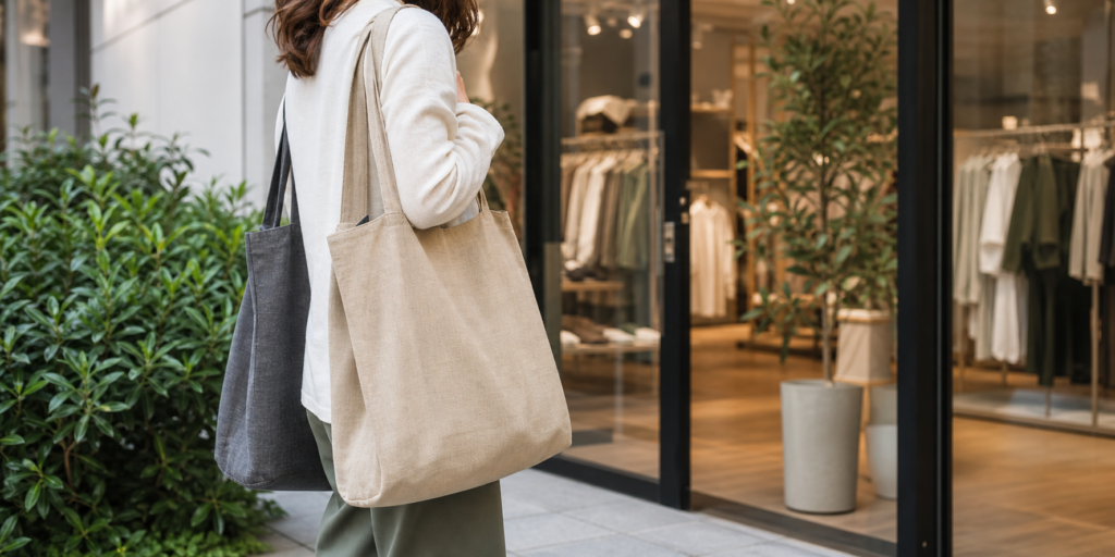 Personne portant un sac réutilisable en tissu devant une boutique