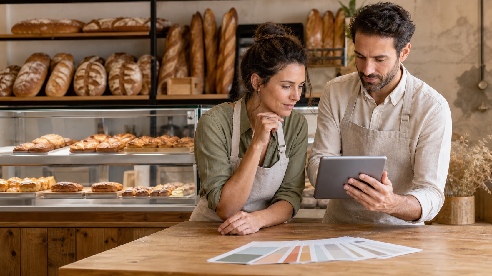 Deux responsables de boulangerie consultent une tablette au comptoir devant des pains et des viennoiseries.